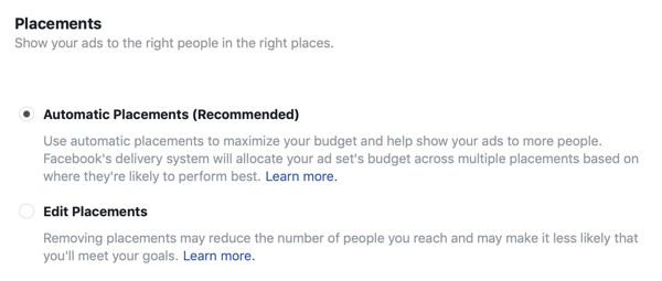 Facebook lider reklam kampanyası için yerleştirme seçenekleri.