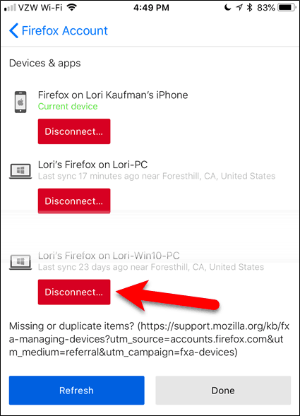 İOS için Firefox'ta bir cihazın bağlantısını kesme
