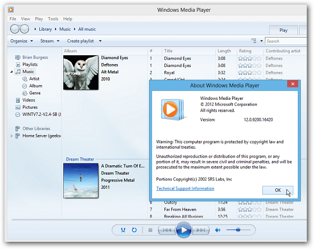 Windows 8 Masaüstünde Windows Media Player