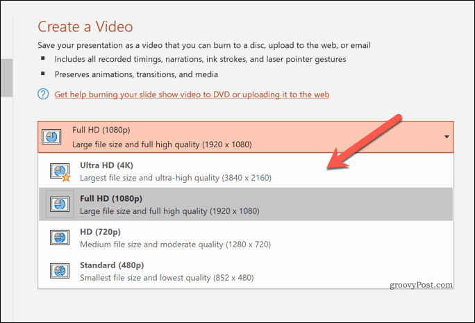 PowerPoint'te dışa aktarılan videoların kalitesini belirleme