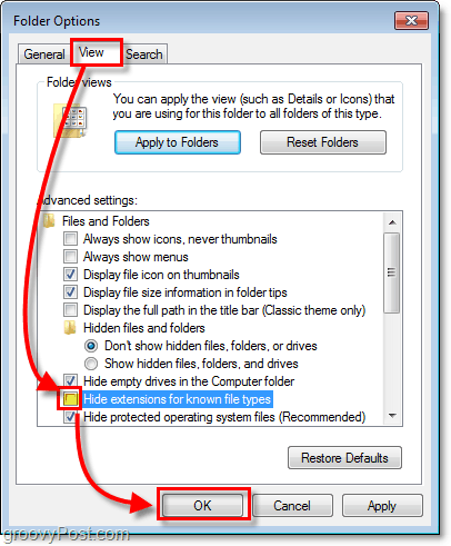 Windows 7 klasör seçenekleri iletişim kutusunda görünüm sekmesini tıklayın ve bilinen dosya türleri için uzantıları gizle seçeneğinin işaretini kaldırın