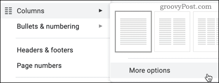 Google Dokümanlar'daki sütunlar için Daha Fazla Seçenek seçeneği