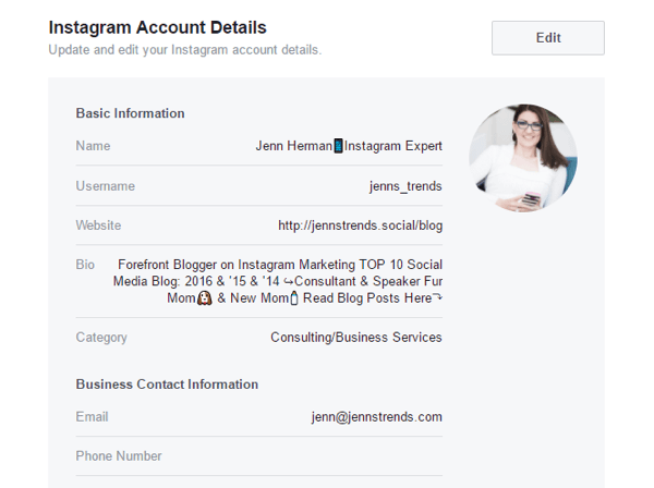 Facebook sayfa ayarlarınızdan bazı Instagram hesabı ayrıntılarını düzenleyebilirsiniz.