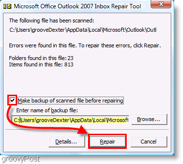 Ekran Görüntüsü - Outlook 2007 ScanPST Onarım Menüsü