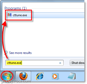 windows 7 başlat menüsünden clearType tuner yüklemek için cctune.exe'yi yükleyin