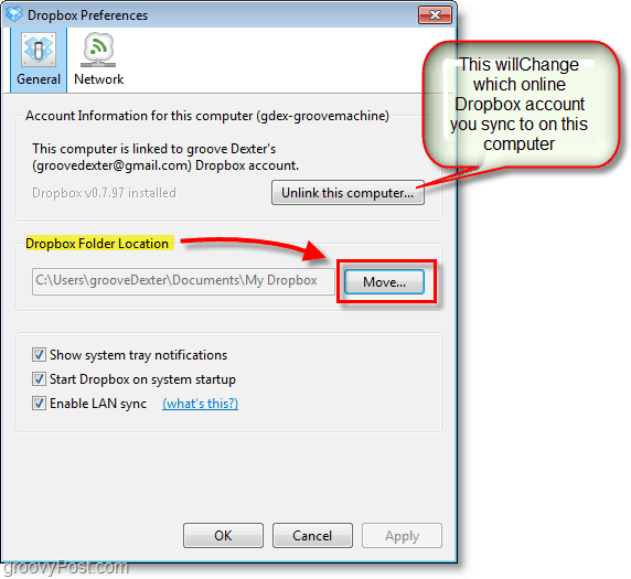 Dropbox ekran görüntüsü - dropbox varsayılan konumunu değiştirin veya dropbox hesaplarını değiştirin / kaldırın