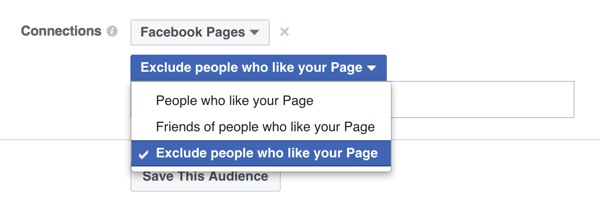 Bir sayfayı zaten beğenen kişileri hariç tutmak için facebook reklam hedefleme seçeneği