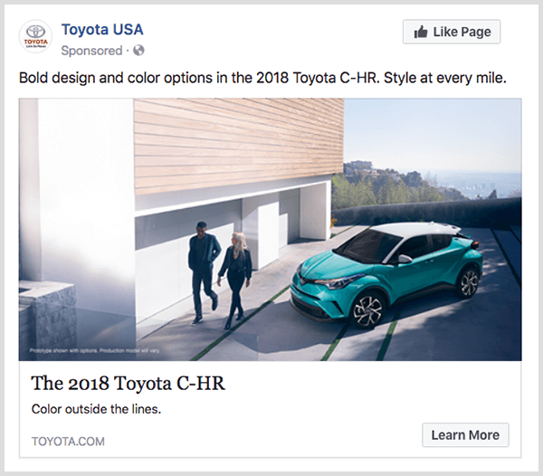 Toyota'nın Facebook etkileşim reklamında turkuaz Toyota C-HR ve Daha Fazla Bilgi düğmesi bulunur.