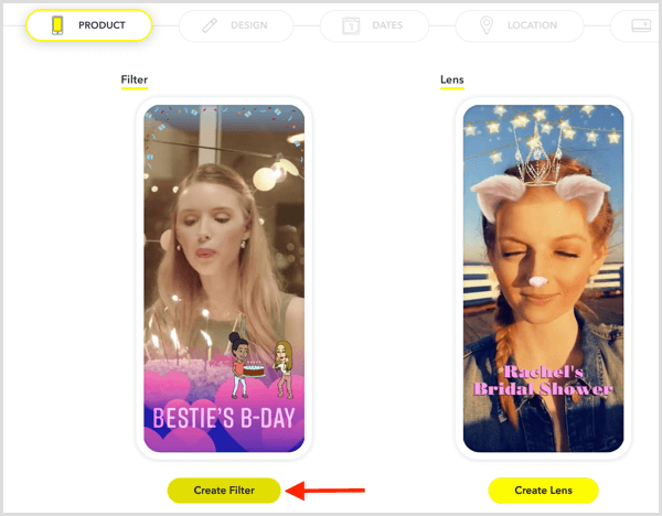 Etkinliğiniz için bir Snapchat geofilter ayarlamak için Filtre Oluştur'u tıklayın.