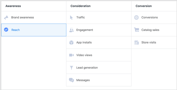 Facebook kampanyanızın hedefi olarak Erişim'i seçin.