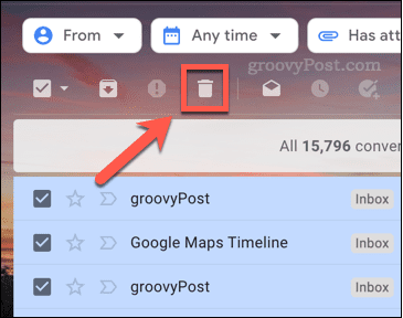 Gmail'de e-postaları silme simgesi