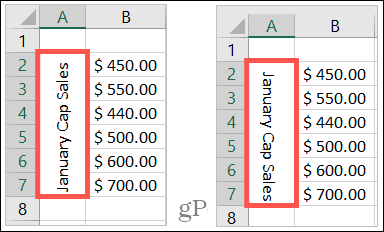 Excel'de yukarı ve aşağı döndürülmüş metin