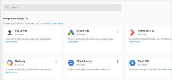 Google Data Studio'ya üç tür bağlayıcıyı aktarın: Google Bağlayıcıları, İş Ortağı Bağlayıcıları ve Açık Kaynak Bağlayıcıları.