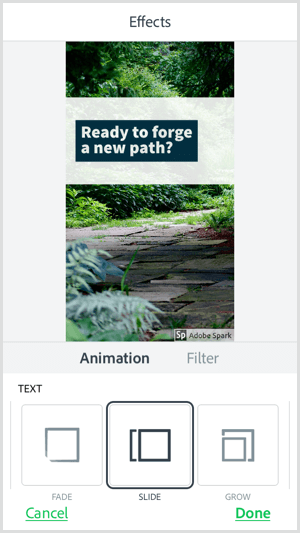 Adobe Spark Post mobil uygulamasıyla bir metin animasyonu seçeneği seçin.