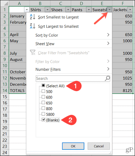 Excel'de boş satırları filtreleme