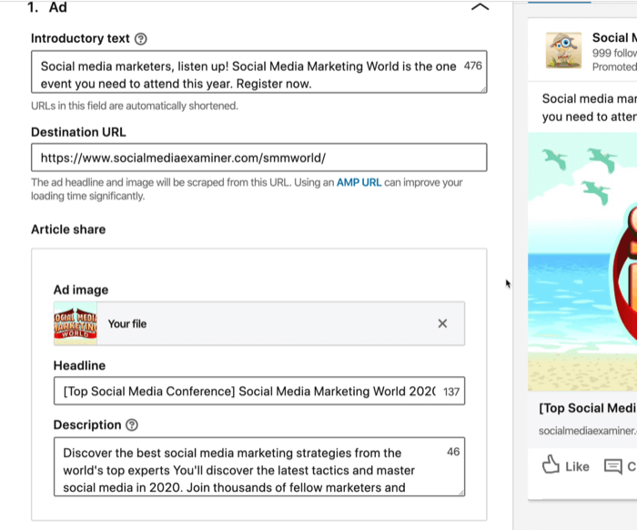 LinkedIn reklamı için tanıtım metni, hedef URL, başlık ve açıklama alanlarının ekran görüntüsü