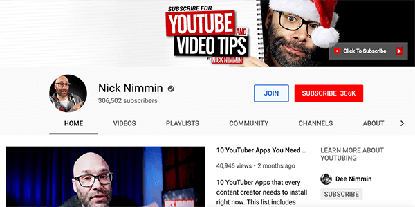 Bu, Nick Nimmin’in YouTube kanalının ekran görüntüsüdür. Üstteki kapak fotoğrafı, Noel Baba şapkası giyen Nick