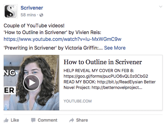 Scrivener, kullanıcıların beğenebilecekleri bir YouTube videosunu Facebook sayfasında paylaşıyor.