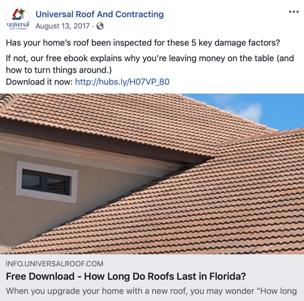 Facebook'ta bir çatı kaplama tahmini için dolaylı satış konuşması örneği.