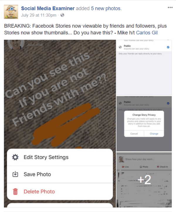 Facebook, Hikayeler için herkese açık paylaşım ve küçük resimler sunuyor.