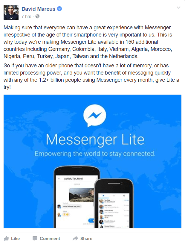 Facebook Messenger Lite artık dünyanın daha fazla ülkesinde mevcuttur.