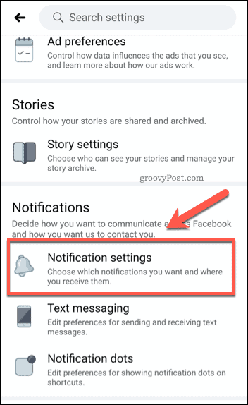 Facebook mobil bildirim ayarları seçeneği