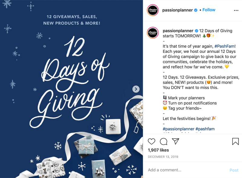 @passionplanner'dan, hediyenin ertesi gün başladığını duyuran 12 günlük instagram hediye yarışması örneği