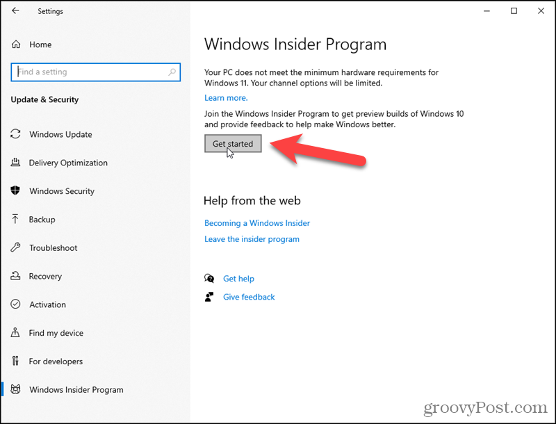 Windows Insider Programı için Başlayın'a tıklayın