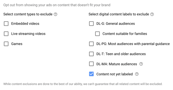 YouTube reklam kampanyası oluşturma, 15. adım, hariç tutulan türleri ve etiket seçeneklerini ayarlama