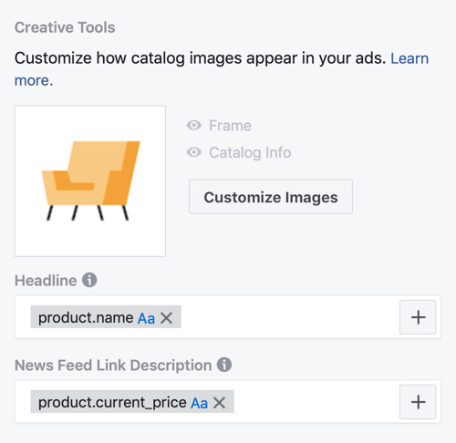 Katalog resimlerinin Facebook reklamlarında nasıl görüneceğini özelleştirmek için Facebook Etkinlik Kurulum Aracı, adım 30, menü seçeneklerini kullanın
