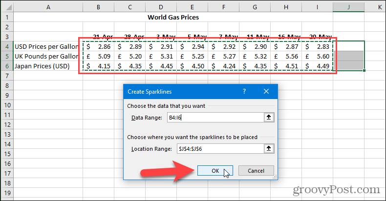 Excel'de Mini Grafikler iletişim kutusu oluşturun