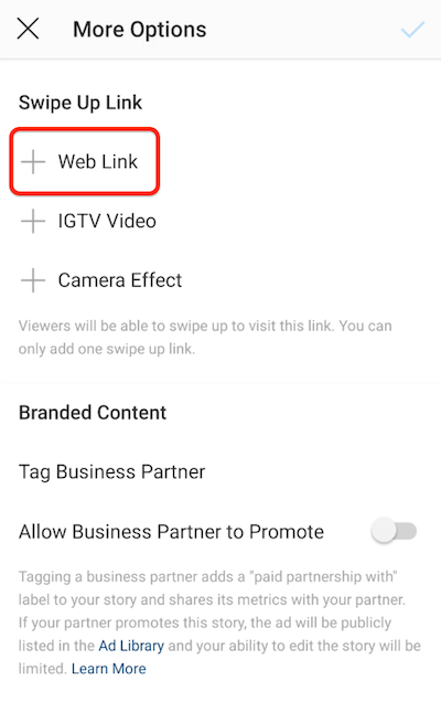 Web bağlantısı seçeneği vurgulanmış olarak yukarı kaydırma bağlantısı eklemek için instagram menü seçenekleri