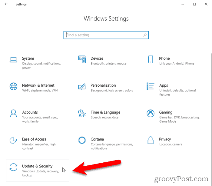 Windows 10 ayarlarında Güncelleme ve Güvenlik'i tıklayın