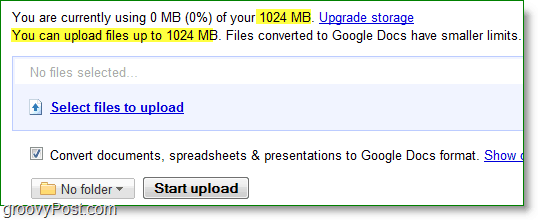 google dokümanlar yeni yükleme herhangi bir şey sınırı 1024mb veya 1GB