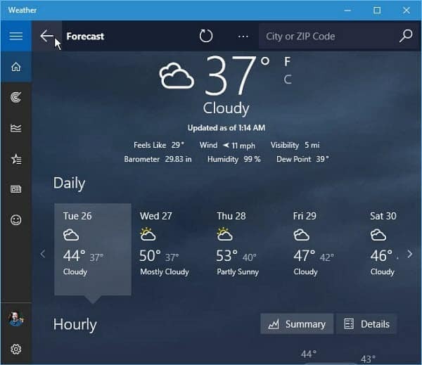 Windows 10 Hava Durumu Uygulaması Tahmini