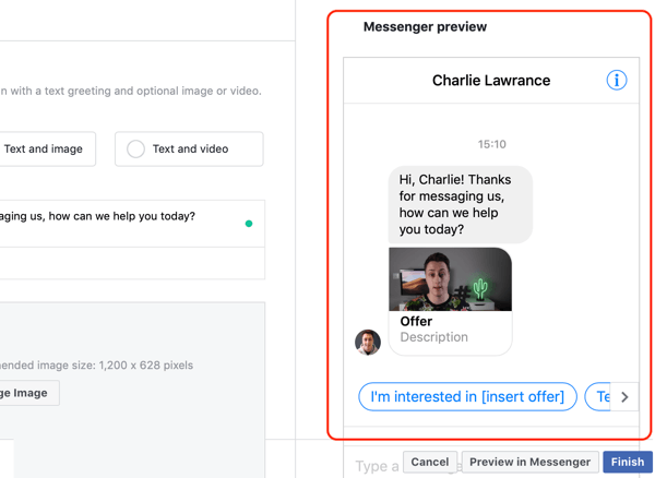 Facebook Messenger reklamları ile sıcak potansiyel müşteriler nasıl hedeflenir, adım 14, Messenger hedefi özel şablon önizlemesi