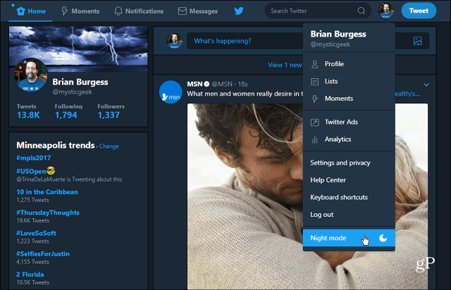 Twitter Masaüstü Web Uygulamasında 'Gece Modu'nu Etkinleştirme