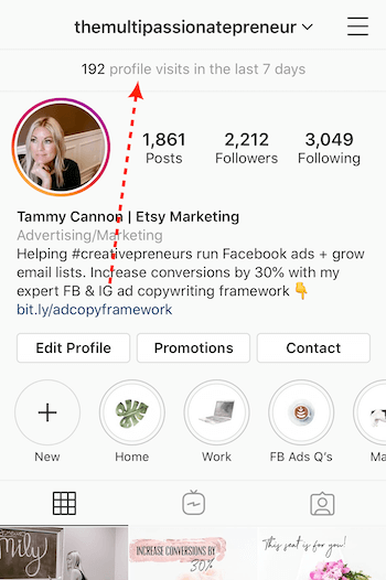 Instagram işletme profilinin üst kısmında listelenen profil ziyareti sayısı