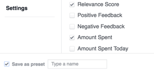 Facebook sonuç ayarlarınızı şablon olarak kaydedin.