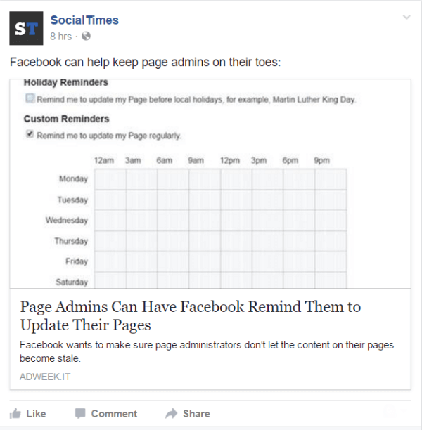 Facebook, Sayfa Yöneticileri için hatırlatıcılar ayarlama yeteneği ekler.
