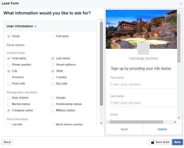 Instagram potansiyel müşteri formunuzdaki alanları ve soruları özelleştirin.
