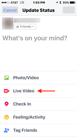 Facebook durum güncellemenizde Canlı Video'ya dokunun.