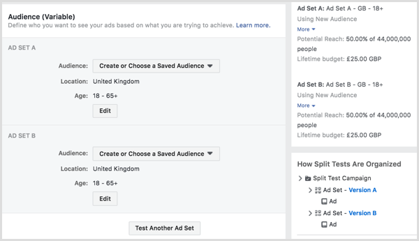 Facebook reklamlarınızı iki veya daha fazla kitleye yayınlayan bölme testi.