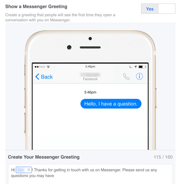 Ayarlarınızdan Facebook Messenger için özel bir karşılama mesajı oluşturabilirsiniz.