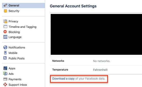Facebook profil verilerinizi indirmek için bağlantıya tıklayın.
