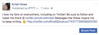 IFTTT aracılığıyla Facebook sayfanızda paylaşıldığında, beğendiğiniz bir tweet böyle görünür.