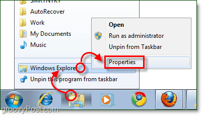 windows explorer görev çubuğu kısayolunun özelliklerini ayarlama
