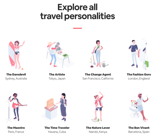 Kullanıcının Airbnb'nin Seyahat Eşleştirici sınavından keşfedebileceği sonuçları içeren tüm sonuçlar sayfası örneği.