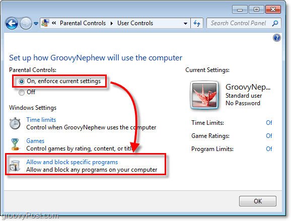 belirli bir kullanıcı için Windows 7'de ebeveyn denetimlerini açın ve belirli programlara izin verin ve engelleyin