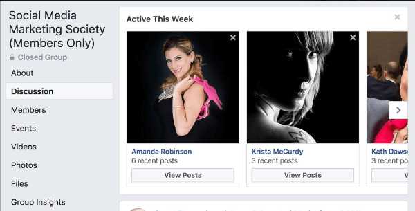 Facebook, bu hafta grupta hangi grup üyelerinin en aktif olduğunu vurgular.